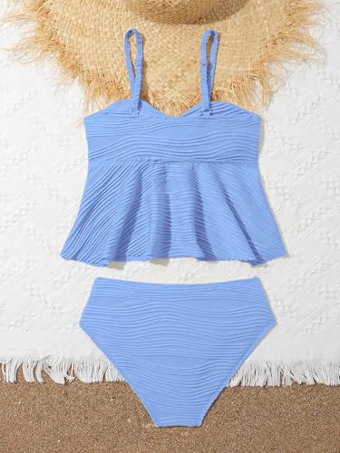 Image of OYOANGLE Girl's 2 Piece Tankini Swimsuit Textured Twist Front Ruched Ruffle Bikini Set Bathing Suits