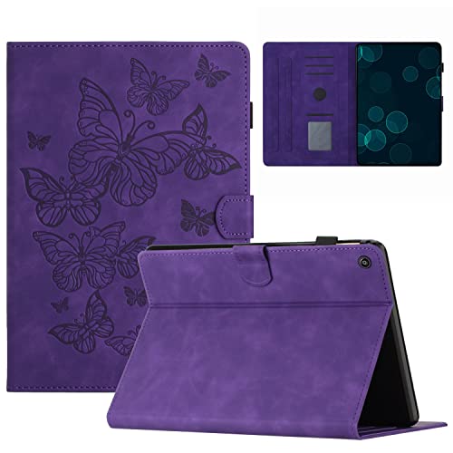 KEROM Fire HD 10 Case (9th/7th/5th Generation 2019/2017/2015 Release) Embossed Suede Leather Folio Stand Protective Cover for Fire HD 10 Tablet (Older Versions) Auto Wake/Sleep - Purple Butterfly