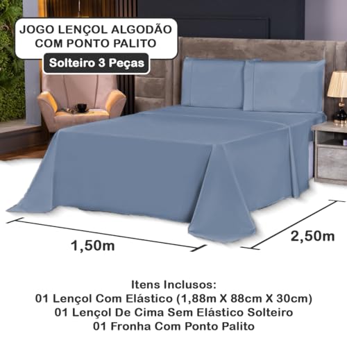 Lençol de Algodão Premium de 4 Peças em Ponto Palito, 200 Fios (Azul, Solteiro 03 Pç)