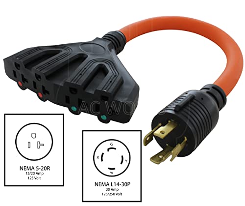 Ac Works L14-30 30Amp 4-Prong Locking Generator Distribution Cord (1.5Ft L14-30 To Four 15/20A Household) #TOP1