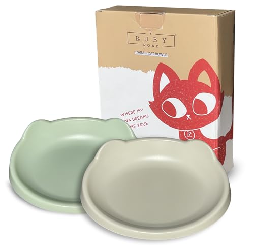 7 Ruby Road Anti Whisker Fatigue Cat Bowl, Set of 2 - Wide Food Bowls, Wet and Dry Shallow Food Dish, Small Cat Dishes for Indoor Cats, Cute Kitten Bowls Whisker Friendly & Relief, Non-Slip Plates