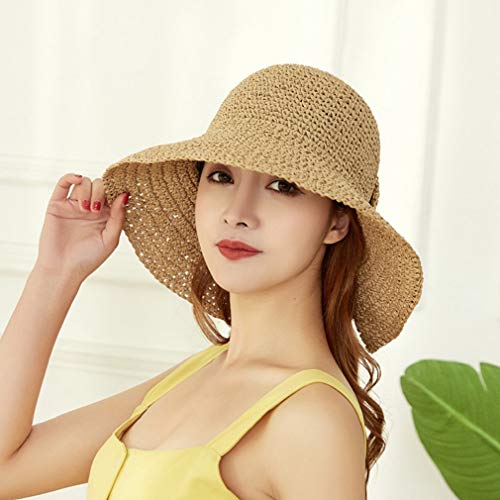 Familyhouse Vintage Baroque Straw Hat Handmade Weave Bow Sun Shade Hat Wide Brim Floppy Summer Hats For Women Beach Panama Bucket Hat Khaki #TOP3
