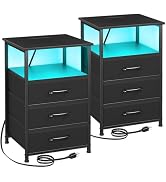 HETS01BK LED Nightstand with Charging Station & Fabric Drawer