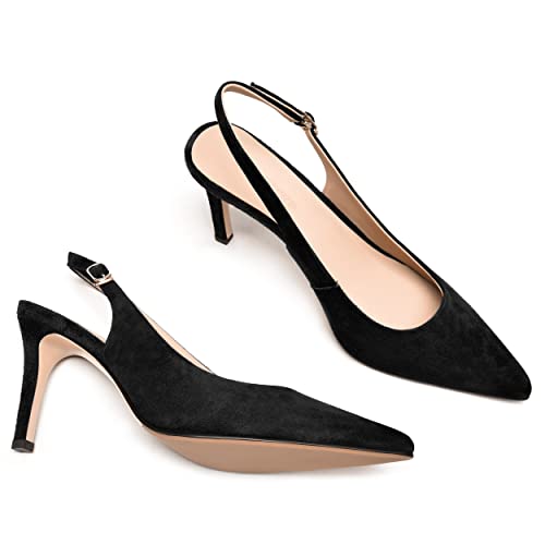Femstep Women's Stiletto 3.3 Inch Suede Leather High Heel Slingback Evening Sexy Pointed Toe Pumps Shoes Black Size 8 - Zapatos De Mujer De Vestir Tacon Bajo #TOP5