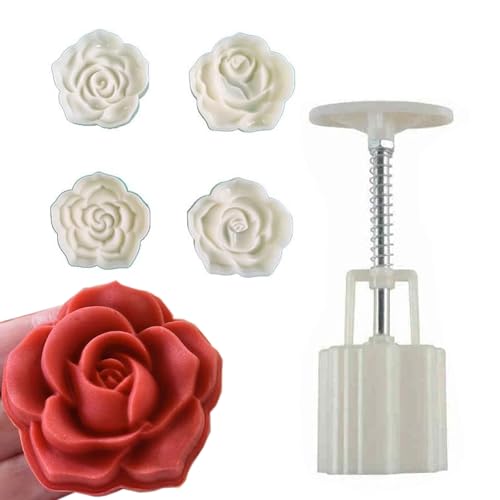 QJFCare 4Pcs Vctitil Moon Cake Stamps, 50g Mid Autumn Festival Mooncake Patterns DIY Hand Press Cookie Cutter, Rose Flower Mold Patterns Mooncake Maker Cookie Dessert Cutter Pastry Mould