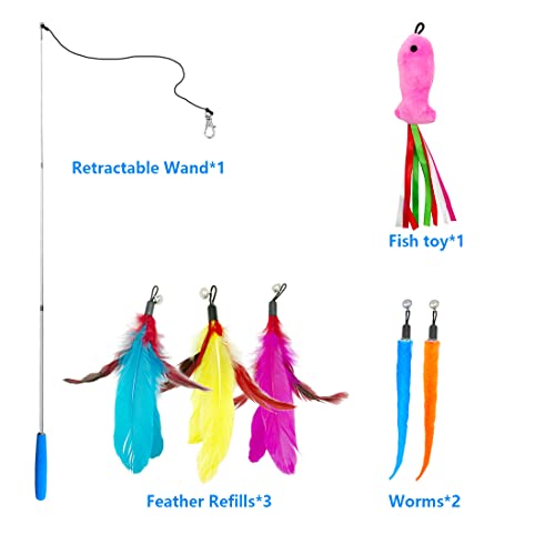 Vovamo Cat Toys For Indoor Cat，1Pcs Retractable Cat Wand Toy And 5Pcs Cat Feather Toys Refills And 1Pcs Fish Teaser Refills, Interactive Kitten Toys Fishing Pole，Fun Toy For Cat Exercise #TOP1