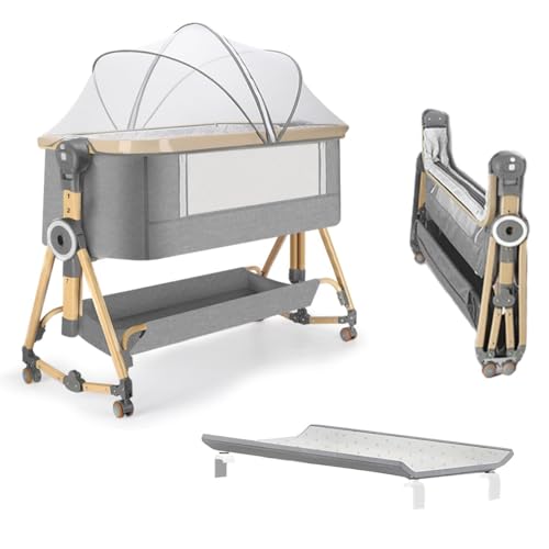 Areden ベビーベッド 添い寝 おむつ台付きベビーベッド 新型乳児用ベッド サイズ 100x53x67.5cm 折りたたみ 携帯便利 軽量 家庭用品 取り付け簡単 キャスタ付き ゆりかご ベビーラック 通気 洗濯便利 多機能 高さ6段調節可能 新生児ベッド 蚊帳 洗濯可能 出産祝い 新生児 0ヶ月-24ヶ月（折りたたみ式スタンド、グレー）