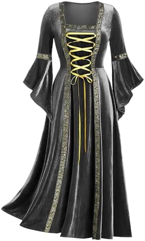 Abito Medievale Donna Con Maniche Larghe E Decorazioni A Contrasto – Elegante Vestito Rinascimentale Traspirante Per Halloween E Feste In Costume
