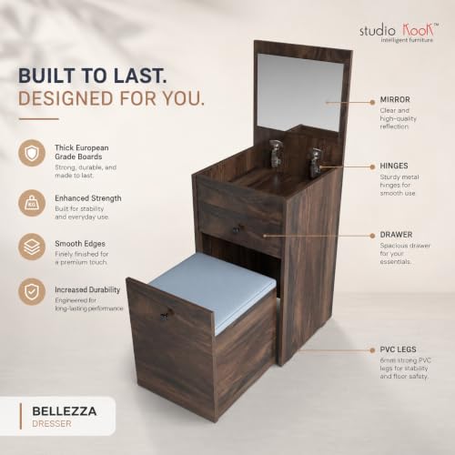 Image of Studio Kook Beleza Dressing Table with Mirror & Seat, Junglewood | Engineered wood dresser with lift-up mirror, drawer and pull-out cushioned storage seat; compact closed size 45 x 45 x 80 cm.