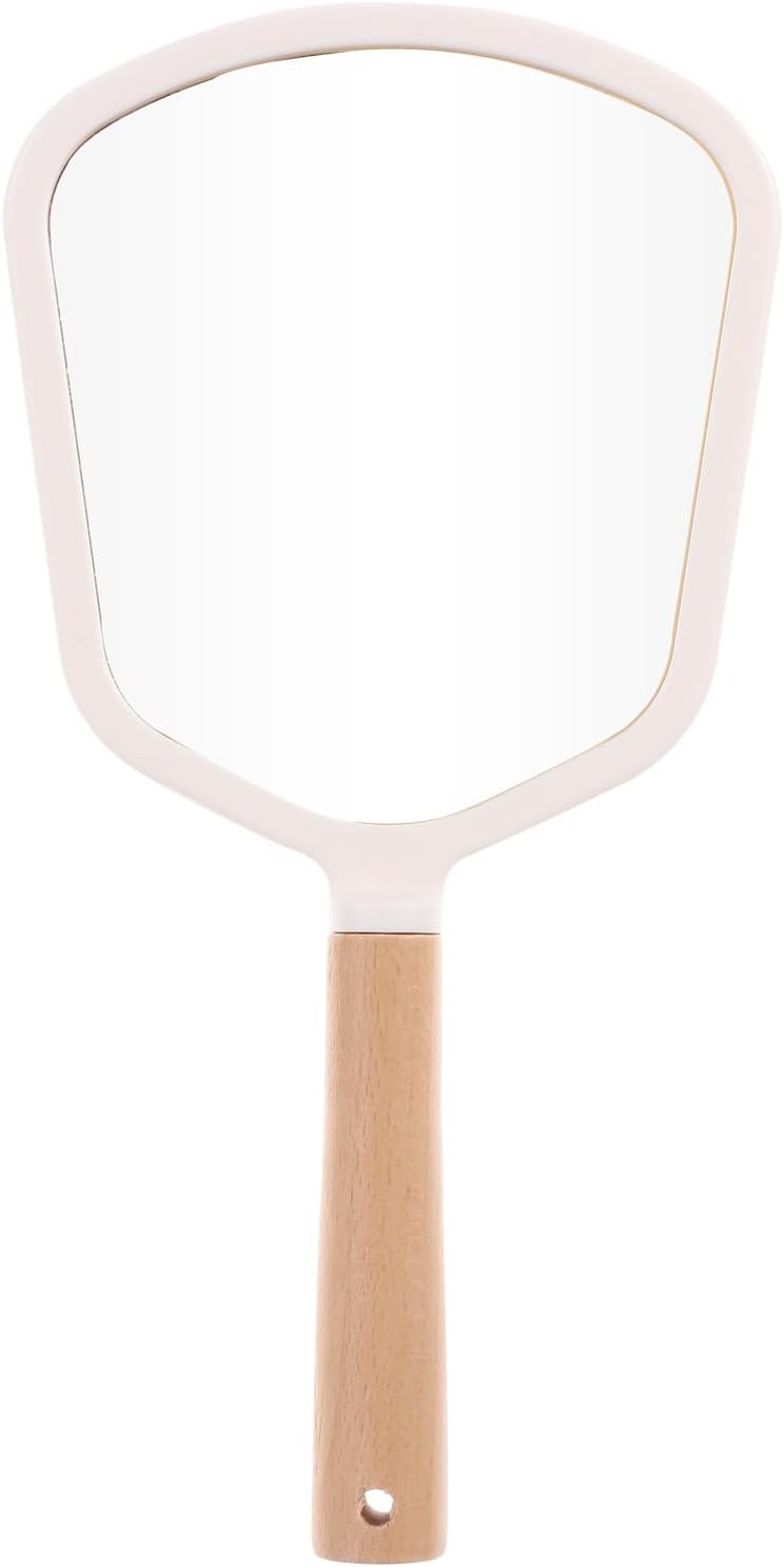 Healifty Solid Wood Handle Handheld Makeup Mirror, Elliptical Portable Cosmetic Mirror, White Frame, Travel-Friendly Vanity Accessory for Women