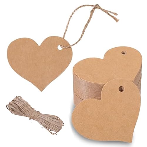 JUGUTA Geschenkanhänger Kraftpapier Anhänger Papier 100 Stk Geschenkanhänger Herz Hochzeit Papieranhänger Zum Beschriften Mit Juteschnur