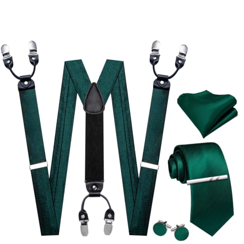 Image of Barry.Wang Men Suspender Set with Necktie Elastic Y Type Heavy Duty 6 Clips Braces Tie Handkerchief Cufflink Pin 6PCS
