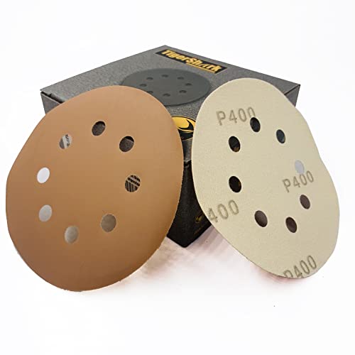 TigerShark 5 Inch Sanding Discs 8 Hole Grit 400 50pcs Pack Special Anti Clog Coating Tigershark Paper Gold Line Hook and Loop Dustless Random Orbital Sander Paper Very Fine