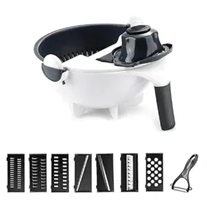 9 in 1 Bowl Slicer Multi Function Rotate Vegetable Cutter with Drain Basket Large Capacity Chopper Portable Slicer Kitchen Tool, Multi Color