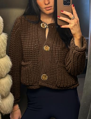 Arssm Womens Cropped Cardigan Sweaters Chunky Open Front Button Down Knit Sweater Long Sleeve Loose Cardigan Outerwear(Brown-S)3