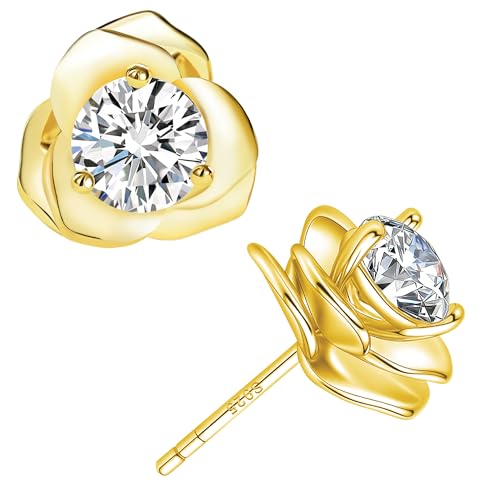 Impalsory Moissanite Rose Stud Earrings, 18K Gold Plated Sterling Silver, Hypoallergenic Floral Jewelry for Women