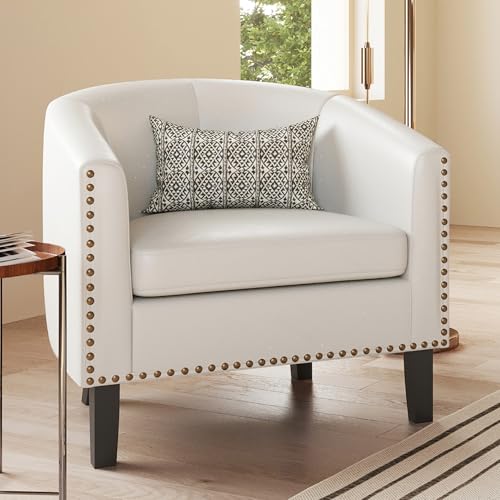 Image of BELLEZE Accent Barrel Chair, Modern Tub Club Chair Upholstered Armchair for Living Room, Faux Leather Chair with Gold Nail Head Trim Black Legs - Kyara (White)