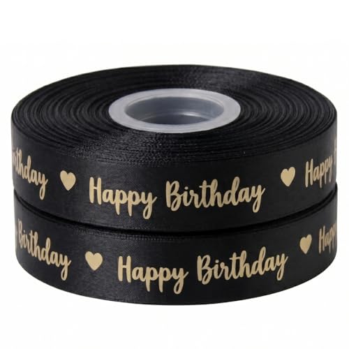 Black & Gold Happy Birthday Satin Ribbon 25mm x 2m – Gift Wrap