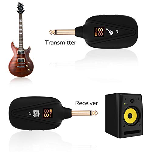 Queenser Sistema de guitarra sem fio V-8 recarregável de 4 canais transmissor de guitarra conjunto r