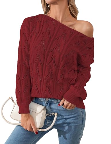 Image of Libsorge Womens Cute Sexy Off The Shoulder Crochet Knit Sweater Fall Winter 2025 Trendy Lightweight Boat Neck Pullover Top