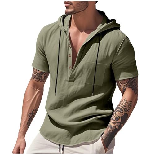 Army Lime Green Man Short Sleeve Hooded Coat for Mens Faux Gauze Linen Brunch with Hood Plain Summer Fall Hoodies Button 2026 Clothes Fashion Y2K M