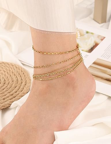 Gold Ankle Bracelets for Women 14k Gold Waterproof Layered Link Chain Anklets Set Jewelry Gift Adjustable Size