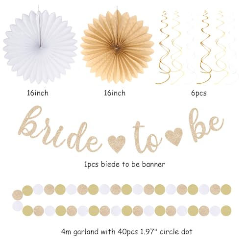 Image of White Champagne Gold Boho Bachelorette Party-Decorations - 21pcs Women Bridal Shower Banner Garland,Bride To Be Paper Streamers Lanterns,Flower Tissue Pom Poms Fan Favors Wedding Decor Huglony