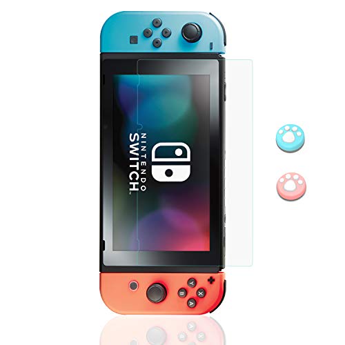 Lammcou Displayschutzfolie Kit für Nintendo Switch Panzerglas Folie Hartglas Schutzfolie & Joystick Kappen for Nintendo Switch (2017) Tempered Glass Screen Protector