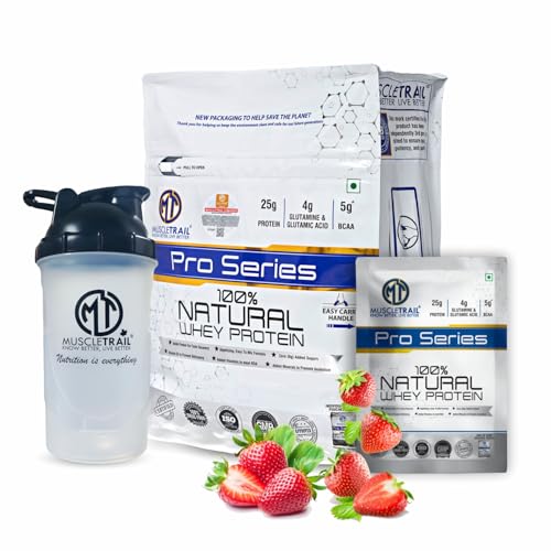 Image of MuscleTrail Pro Series Whey Protein, 50 Pouches, 25g Protein, Isolate Source, Low Carb, 4g Glutamine & Glutamic Acid, 5g BCAA (1.79kg, Strawberry)