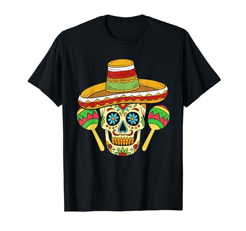 Mexico Sombrero Sugar Skull Funny Cinco De Mayo Uomo Donna Maglietta