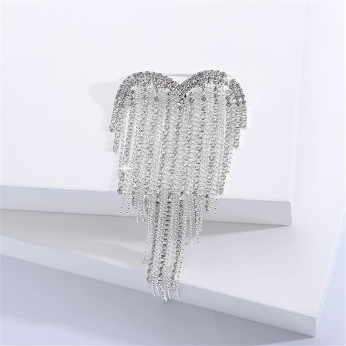 Image of Elegant Crystal Heart Shape Tassel Brooch Pin for Women Sparkly Rhinestones Tassel Brooch Beautiful Dress Suit Shirt Ceremony Clothes Wedding Party Jewelry Accessories