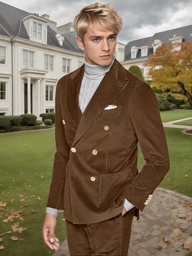 Men 2 Piece Corduroy Suit Slim Fit Suits Double Breasted Suit Blazer Jacket Pants Set Formal Wedding Prom Tuxedos4