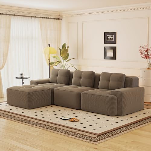 Yihomfy Sofá esquinero modular deshuesado, pana sofá de 3 plazas con taburete, configuración libre, sofá en L de salón, sin montaje (marrón, 3 asientos + 1 taburete)