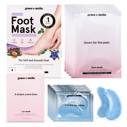 Grace & Stella Under Eye Mask (24 Pairs, Blue) + Foot Peel Mask (4 Pairs, Unscented) #TOP27
