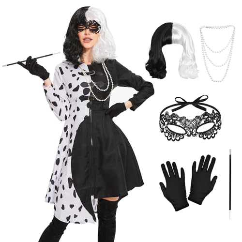 Photo de Cruella Devil Lot de 6 costumes pour femme avec perruque, masque, gants, collier de perles et longue barre, robe dalmatien noir et blanc, pour carnaval, cosplay, fête, carnaval (XXL)