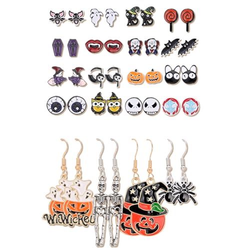 20 Pares Halloween Pendientes para Mujer Calaveras Arañas Calabazas Espeluznantes Pendientes Colgantes y Murciélagos Ojos de Gato Pendientes de Botón Caramelo Accesorios Terroríficos para Halloween