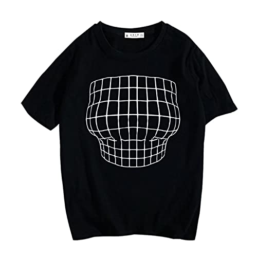 YHTIMIOX TIK Tok Big Boobs T-Shirt Magnified Chest Optical Illusion Grid Short Sleeve Round Neck Visual Trap T-Shirt Black