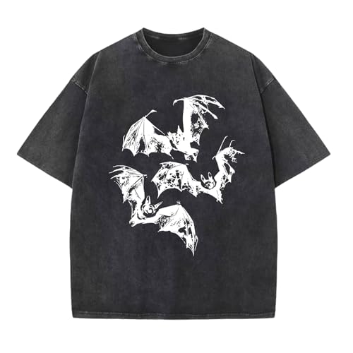Oversized Mens Graphic Tees Bat Print Vintage Shirt Streetwear Acid Wash Cotton Tshirt Baggy Y2k Short Sleeve Tops