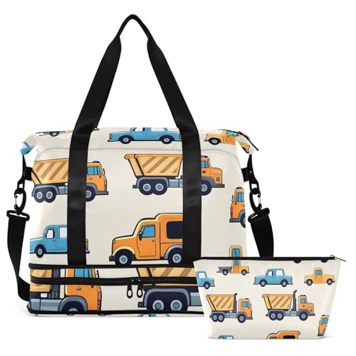 ALAZA Sports Duffel Bags with Toiletry Bag Set,Blue Yellow Car Truck Pattern Travel Duffel Bags Multi Pockets Weekend Bag