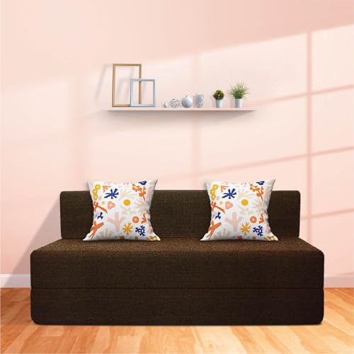 Image of Starlon 3 Seater Sofa Cum Bed Foldable 3-in-1 Sofa Bed with 1 Year Warranty, Washable Jute Fabric Cover & 2 Floral Pillows | Guest Bed | Coffee Brown 5x6.25 Ft