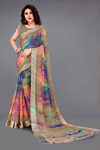Image of MIRCHI FASHION Women's Cotton Blend Colorful Texture Blocks Printed Saree with Blouse Piece