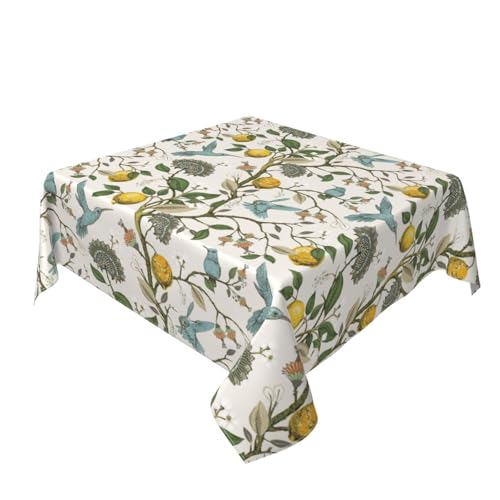 Boho Floral Bird Square Tablecloth 54 Inch Chinoiserie Lemon Blue Hummingbird Floral Table Cloth Polyester Fabric Spring Summer Vintage Flowers Table Cover for Kitchen Holiday Party Outdoor Decor