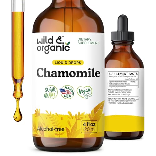 Wild & Organic Chamomile Flowers Drops - Add to Tea for Relaxation Support - 500 mg Chamomile Extract Liquid Drops - Calming Herbal Supplement - 56-Day Supply - Vegan Sugar & Alcohol-Free - 4 fl oz