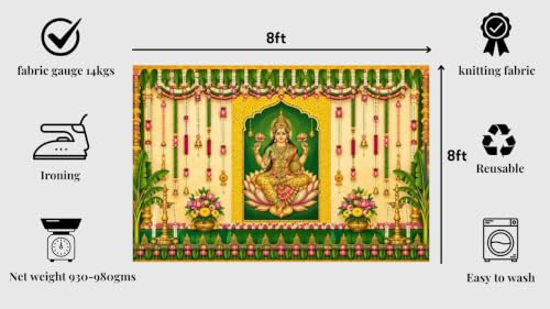 Image of Lakshmi Devi Backdrop Cloth for Decoration | Mahalakshmi Puja Backdrop with Hanging Lotus Strings and Banana Trees, Festive Backdrop with Goddess Lakshmi 8x8 Feet | varalakshmi Pooja Backdrop