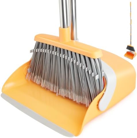 XXFLOWER Besen und Kehrschaufel Set mit langem Stiel,Kehrbesen mit Schaufel,Kehrset mit Ausziehbarem Stiel,Kehrblech Broom and Dustpan Set für Haushaltsreinigung Büro Gelb