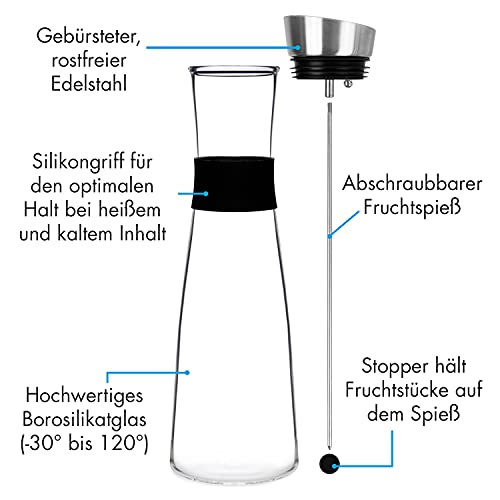 Foto von GLASWERK Glaskaraffe mit Deckel aus Edelstahl (1,6 Liter) - Wasserkaraffe mit Fruchteinsatz aus Borosilikatglas - Karaffe Glas mit Deckel Fruchtspieß mit Stopper, Transparent,silber,schwarz