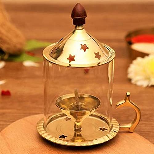 Image of eCraftIndia Golden Brass Akhand Diya with Glass Cover and Holder- Diwali Decoration Items for Home Decor- Gift for Diwali Housewarming