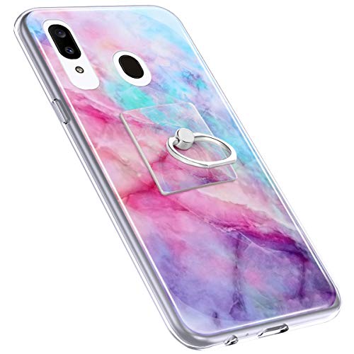 Urhause Cover Compatible with Samsung Galaxy A20 Case Sparkle Glitter Bling Marble Case TPU Silicone Ring Holder Cover 360 Degree Rotation Ring Holder Kickstand Shiny Bling Shockproof Cover Pink