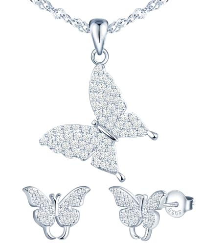 Image of MICMIF 925 Sterling Silver Jewellery Set Butterfly Earrings and Necklace for Women Girls, Cubic Zirconia Butterfly Stud Earrings and Butterfly Pendant Necklace Butterfly Jewelry for Party