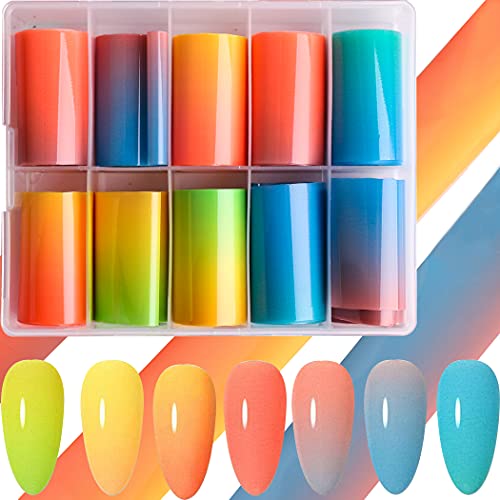 Wokoto 10 Rolls Fluorescence Nail Foils Transfer Stickers Candy Gradient Nail Transfer Foils Starry Sky Nail Decals Wraps Diy Nail Decoration For Women Girls(1.57Inch×39.4Inch) #TOP21